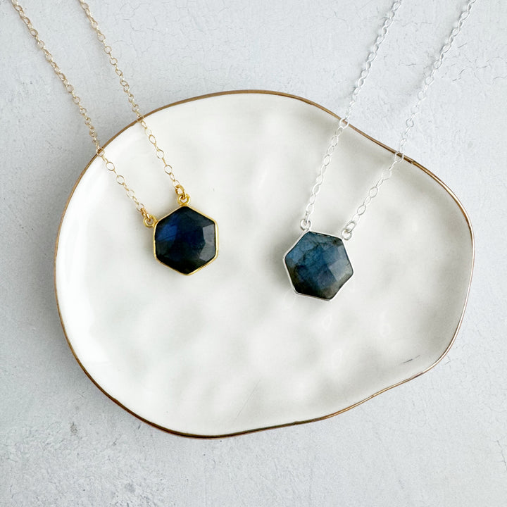 Labradorite Hexagon Bezel Necklace in Gold and Silver