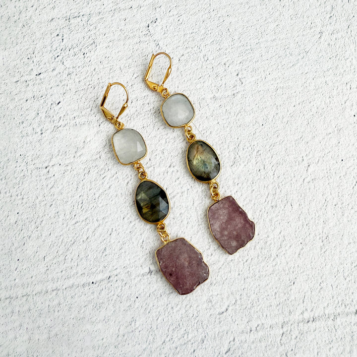 Long Freeform Gemstone Drop Earrings in Gold with Moonstone, Labradorite and Strawberry Quartz