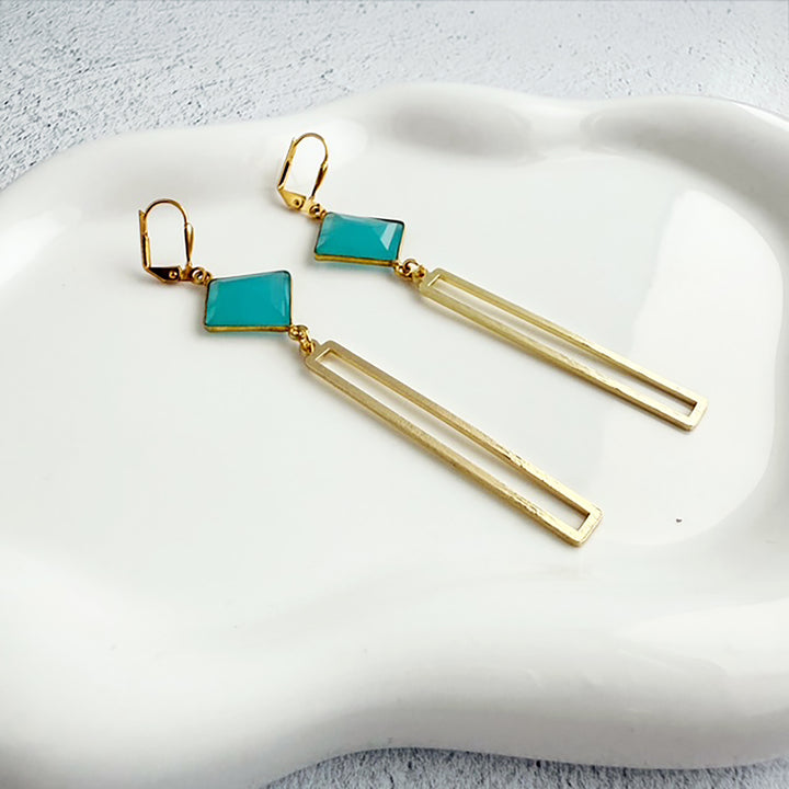 Aqua Chalcedony Rectangle Dangle Earrings in Brushed Gold