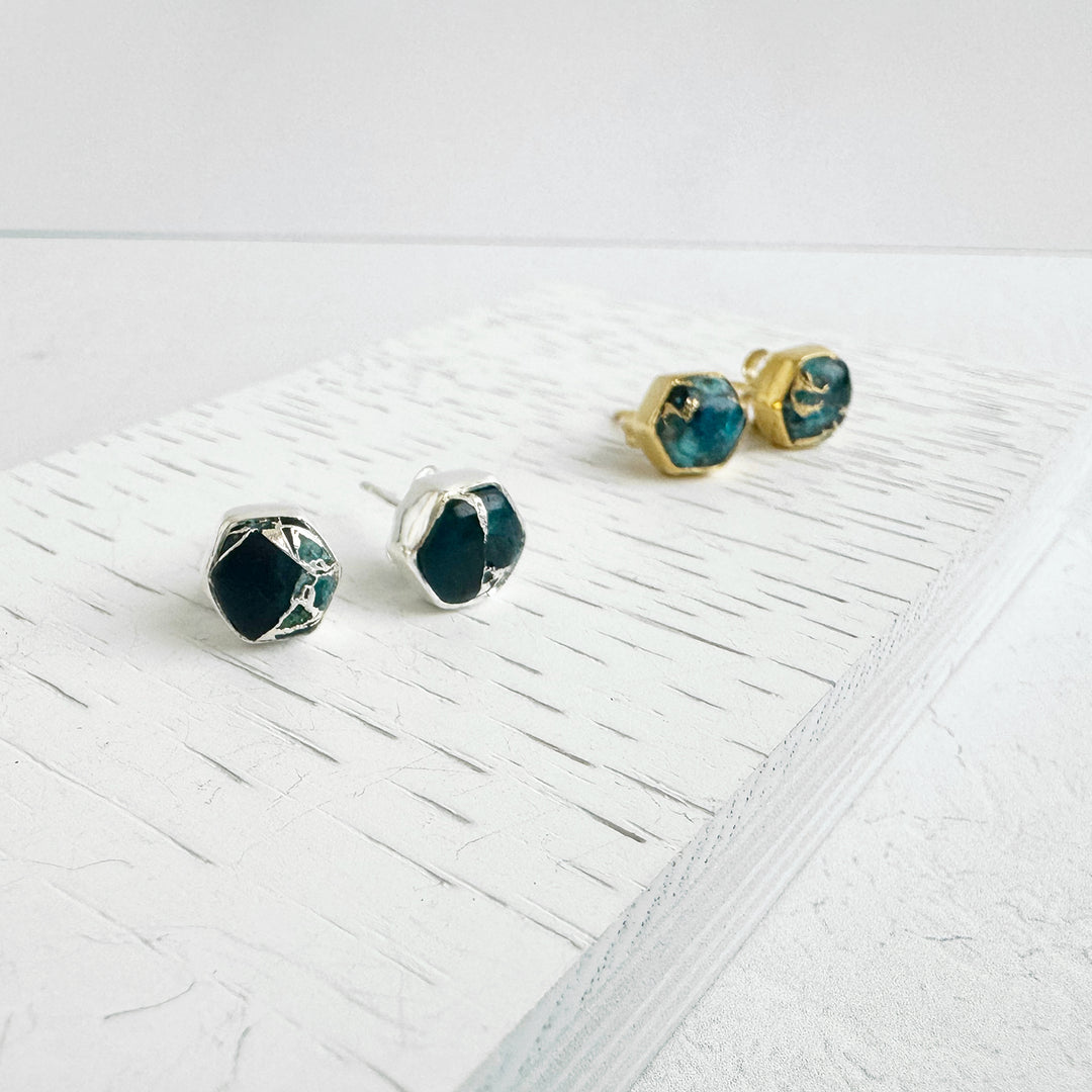 Apatite Hexagon Stud Earrings in Gold and Silver