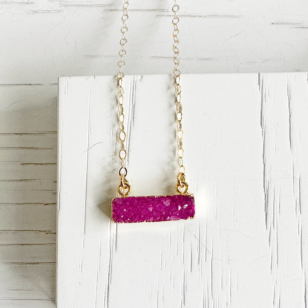 Colorful Small Druzy Bar Necklace in Pink Orange Yellow Green