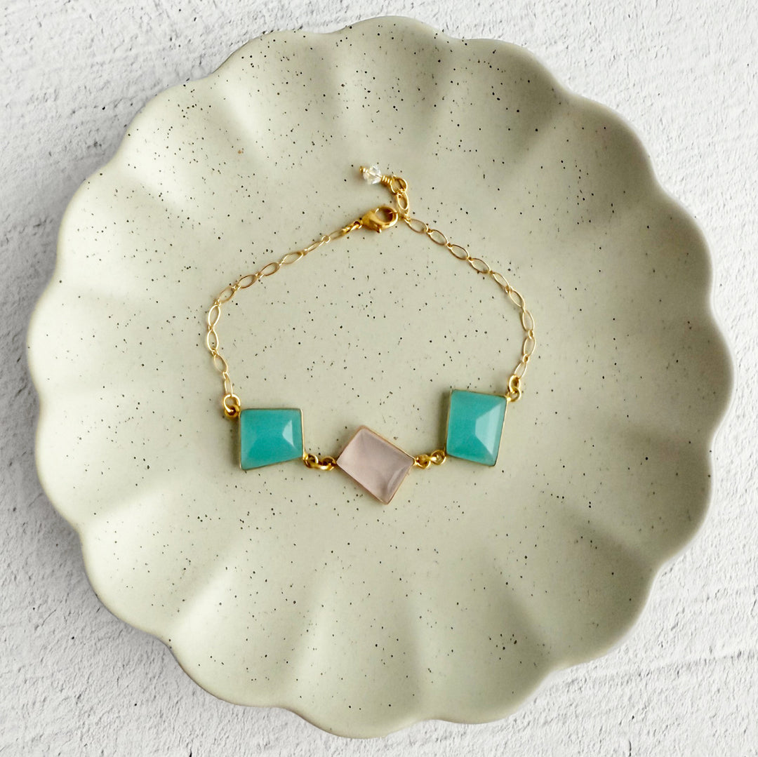Triple Jewel Bracelet in Gold with Aqua Chalcedony and Rose Quartz