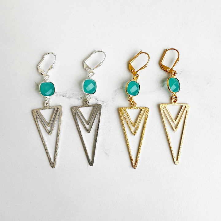 Aqua Chalcedony and Layered Triangle Statement Earrings