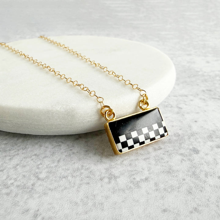 Black and White Checkered Pattern Bar Necklace