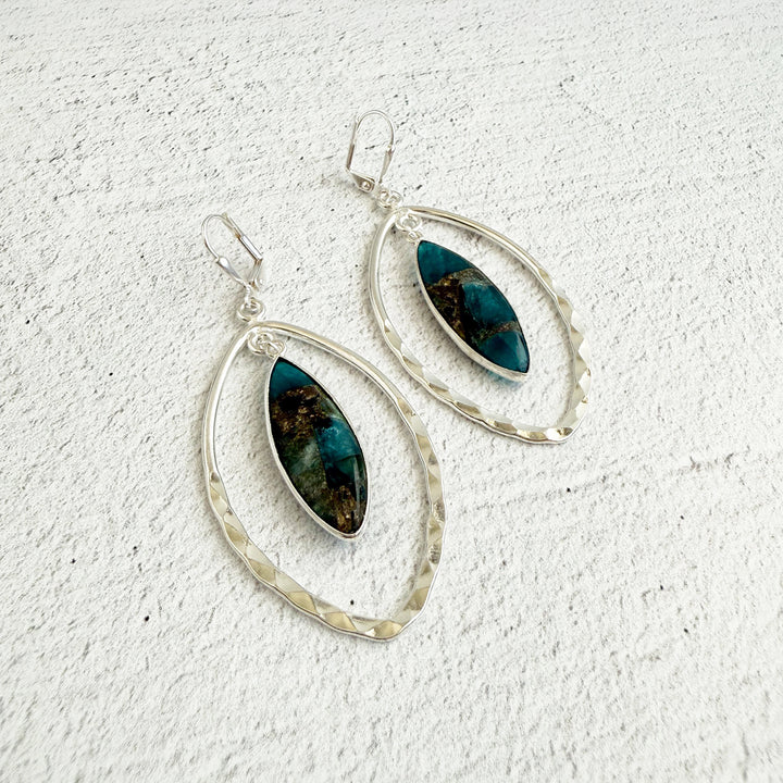 Teal Mojave and Hammered Marquise Dangle Earrings in Silver