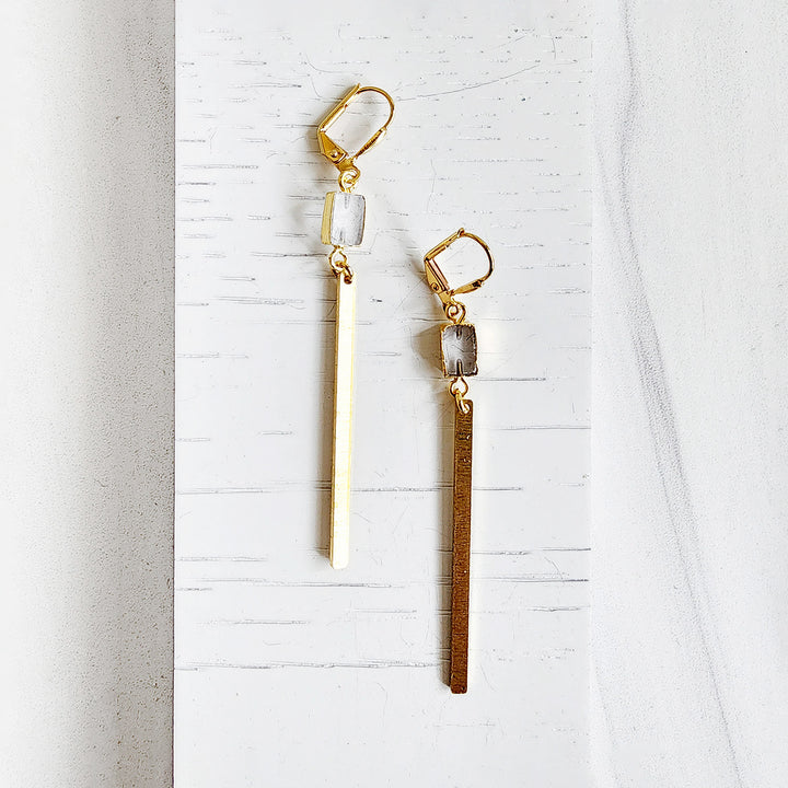 Long Delicate Stick Earrings with Rudilated Quarts Stone in Brushed Brass Gold