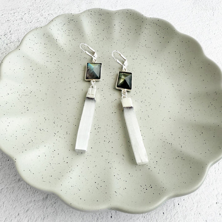 Labradorite and Selenite Bar Drop Earrings in Silver