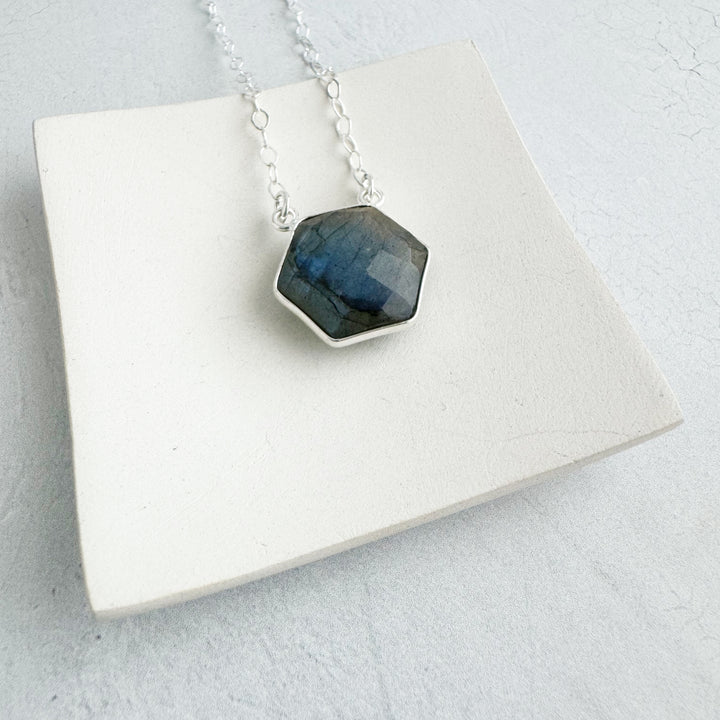 Labradorite Hexagon Bezel Necklace in Gold and Silver