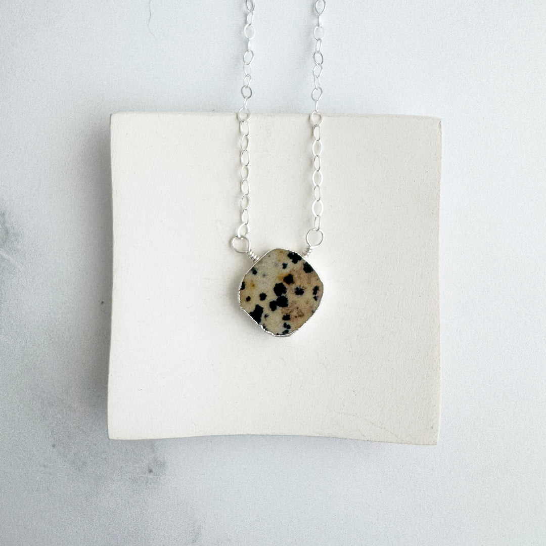 Dalmation Jasper Gemstone Slice Pendant Necklace in Silver. Layering Stone Necklace. Holiday Gift