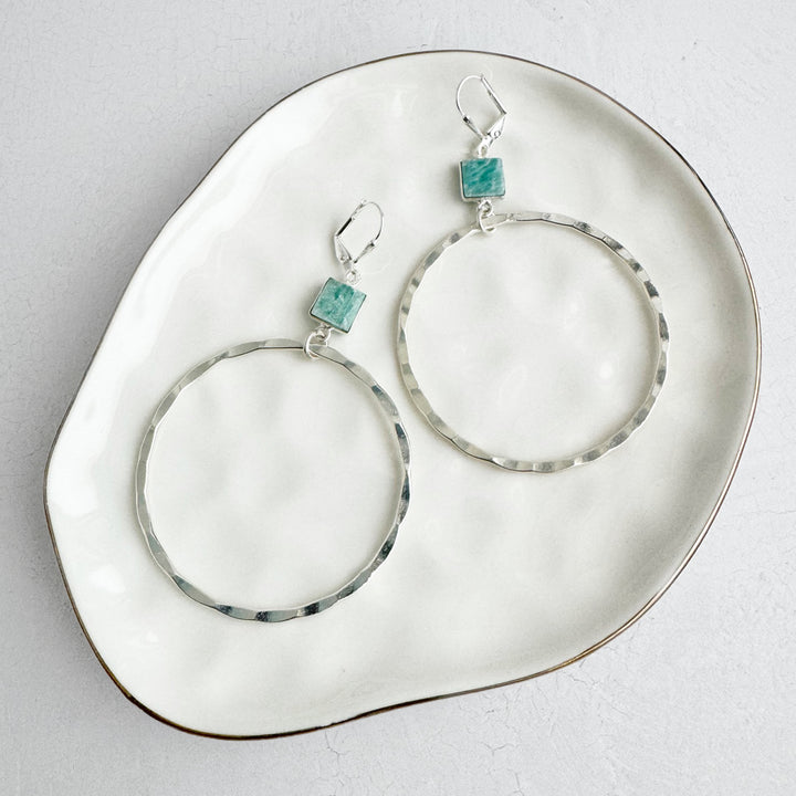 Amazonite Hammered Hoop Earrings in Silver