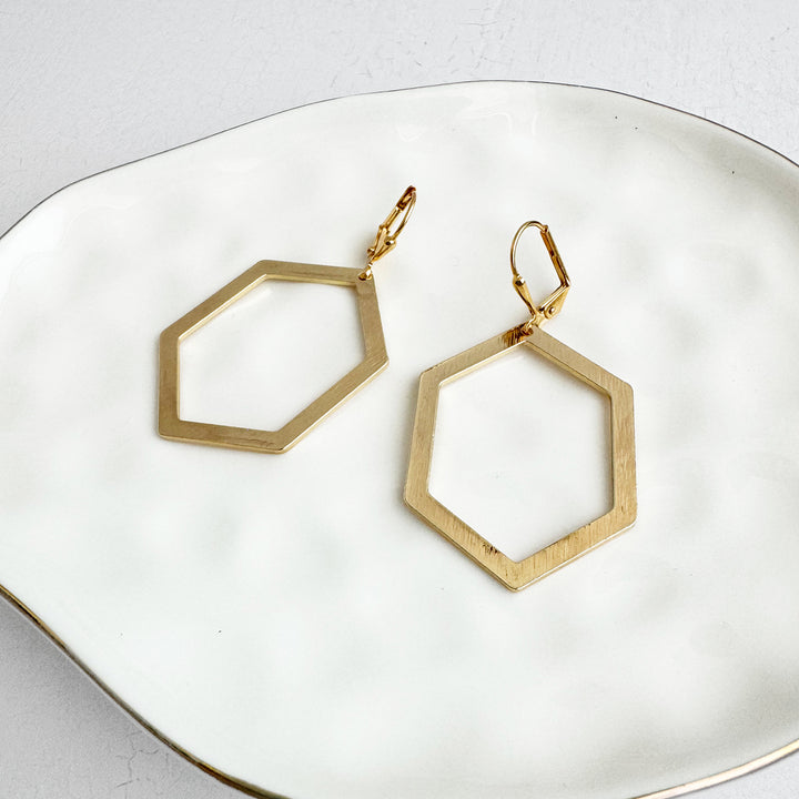 Hexagon Dangle Earrings in Brushed Gold