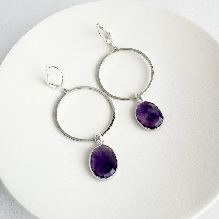 Amethyst Hoop Dangle Earrings in Brushed Silver