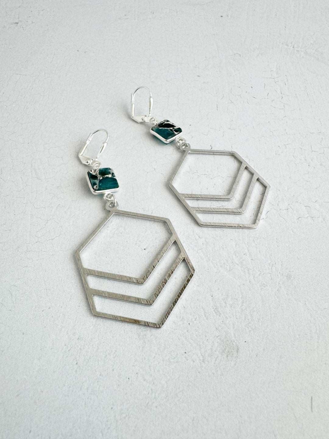 Double Hexagon Earrings with Teal Mojave Stones in Brushed Gold and Silver