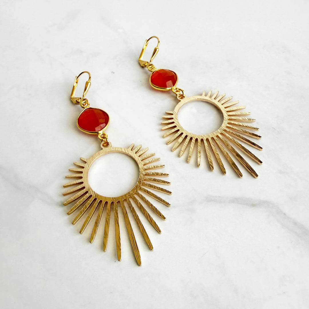 Carnelian Sunburst Statement Earrings in Brushed Gold