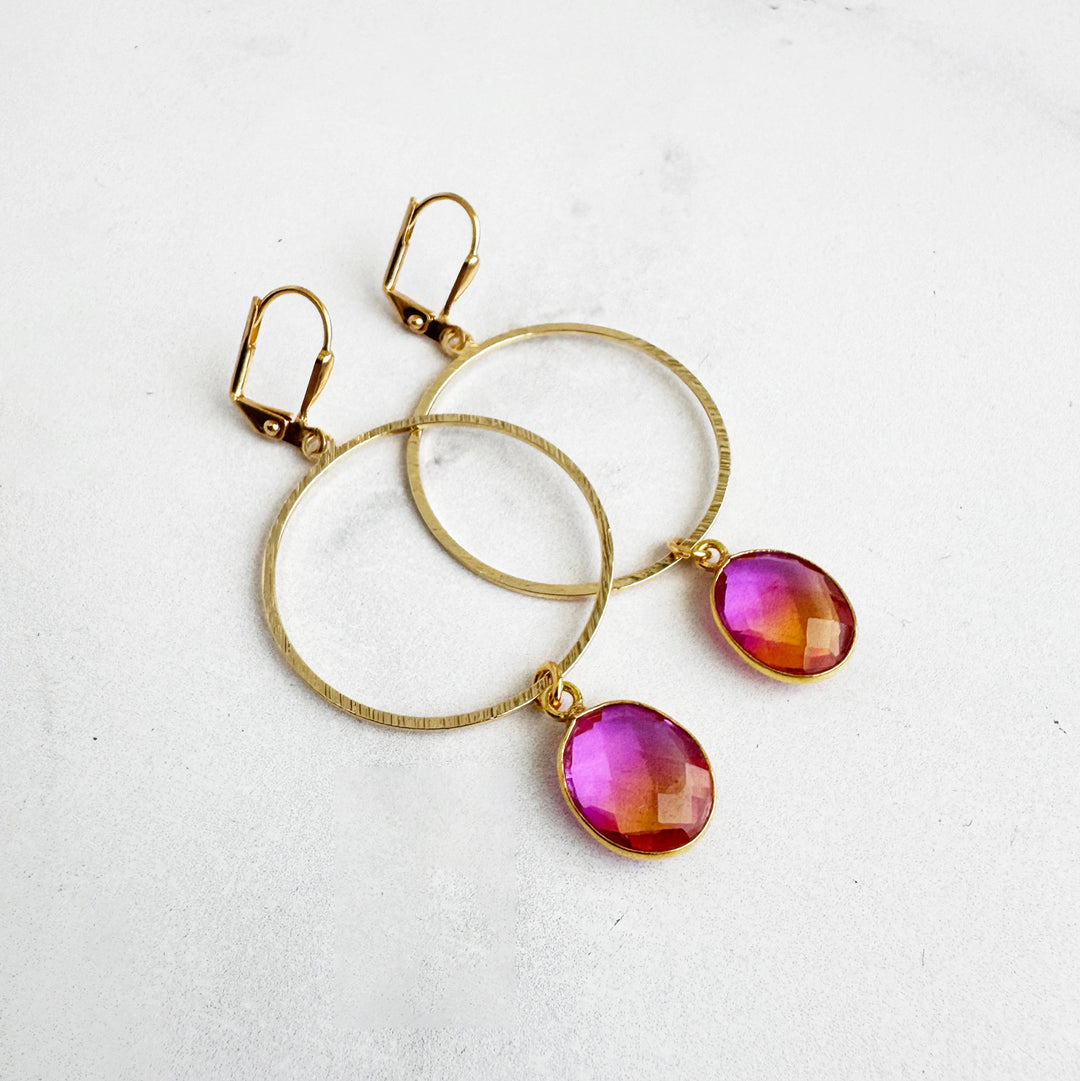 Pink Orange Aura Quartz Hoop Dangle Earrings in Gold