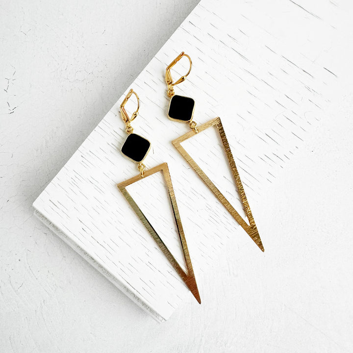 Black Onyx Triangle Earrings in Brushed Brass Gold