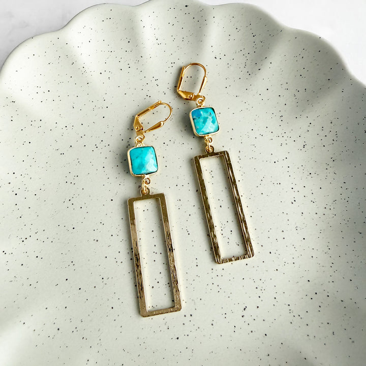 Turquoise Rectangle Dangle Earrings in Brushed Gold