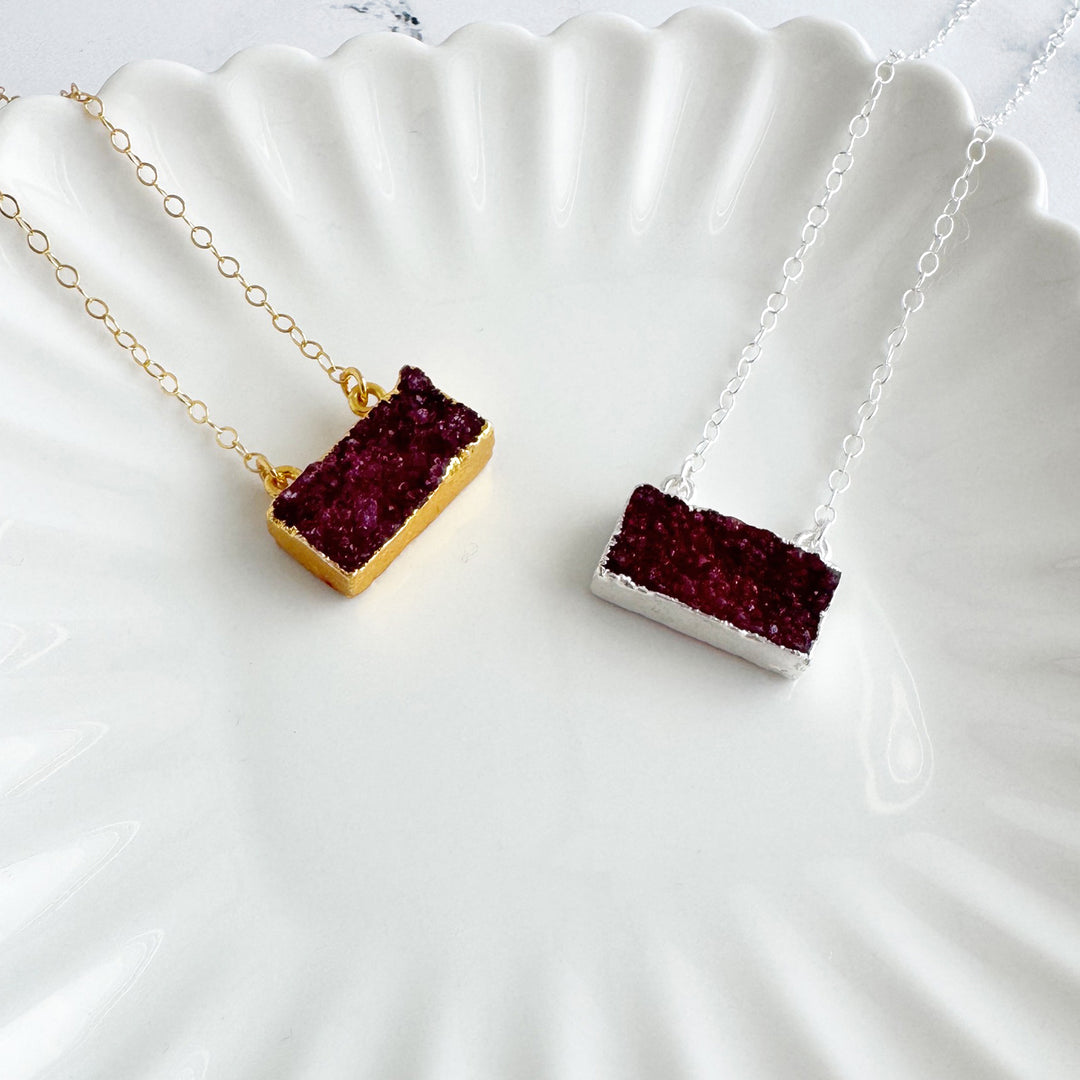 Burgundy Druzy Bar Necklace in Gold and Gemstone Bar