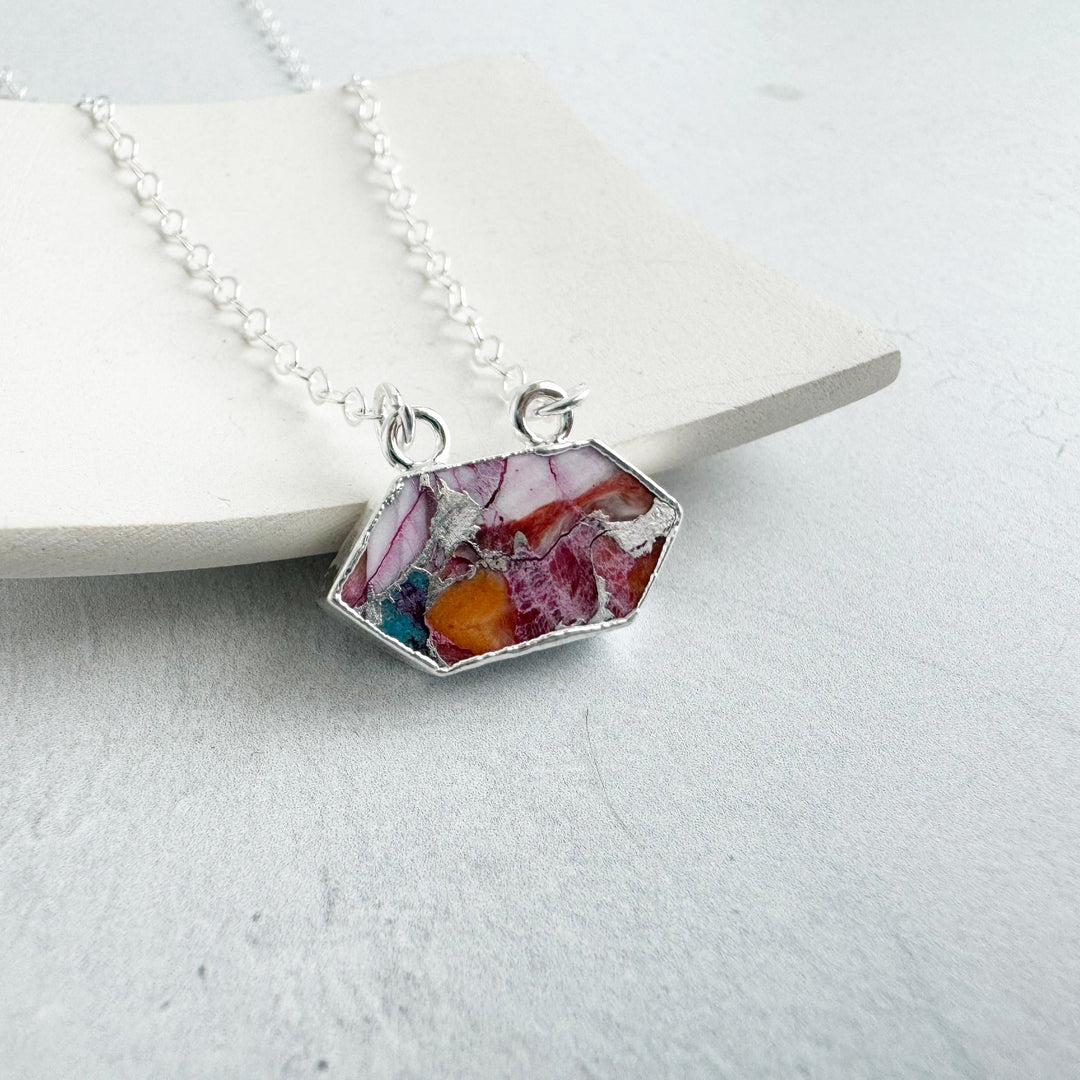 Pink Oyster Turquoise Rhombus Pendant Necklace on on Sterling Silver Chain.