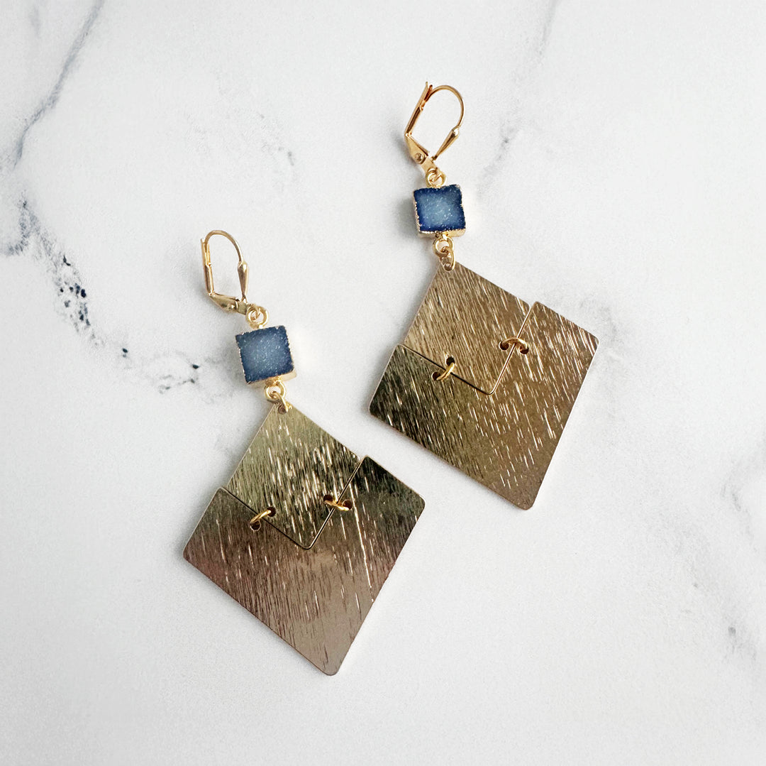 Blue Druzy Diamond Pendant Statement Earrings in Gold