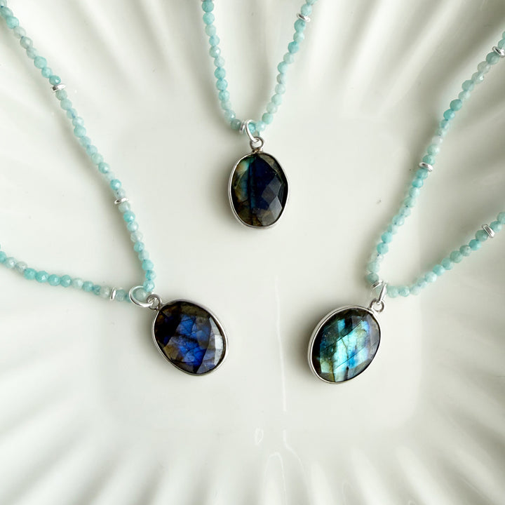 Labradorite Pendant and Amazonite Beaded Necklace in Silver
