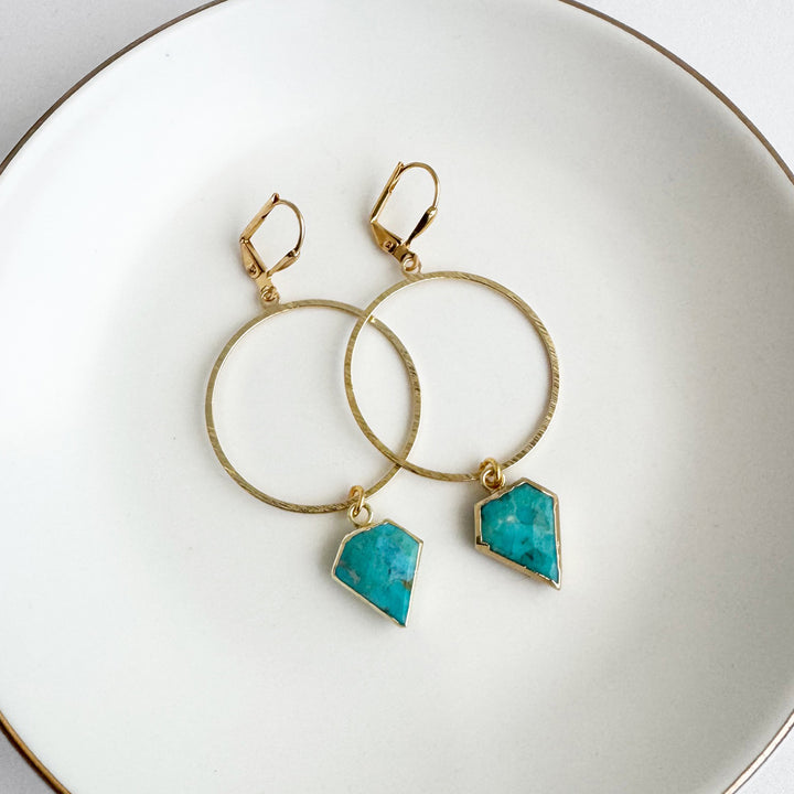 Turquoise Shield Stone Hoop Earrings in Brushed Gold