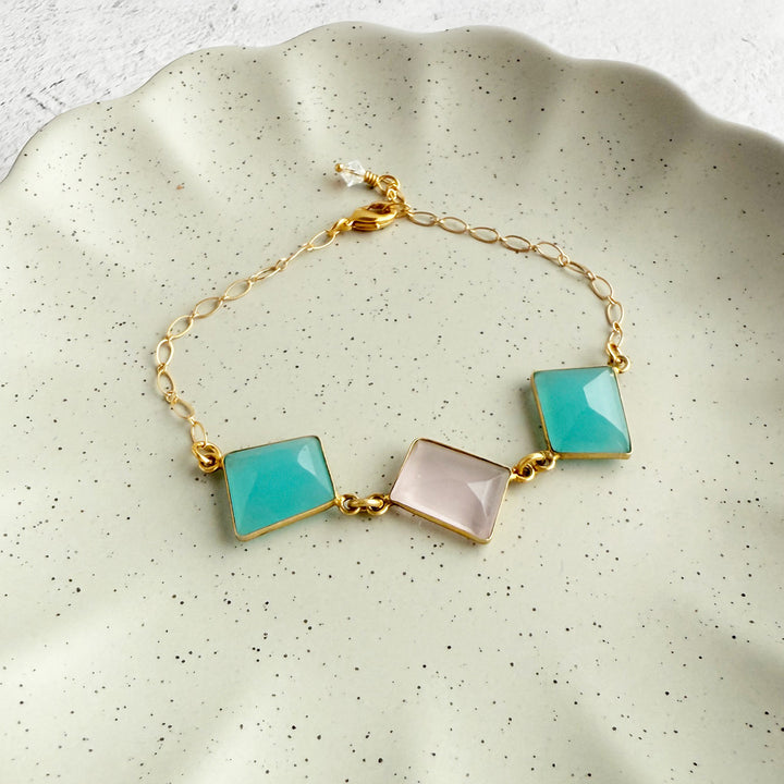 Triple Jewel Bracelet in Gold with Aqua Chalcedony and Rose Quartz