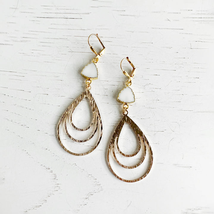 White Agate Statement Earrings in Brushed Brass Gold