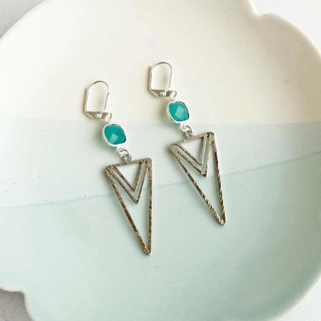 Aqua Chalcedony and Layered Triangle Statement Earrings
