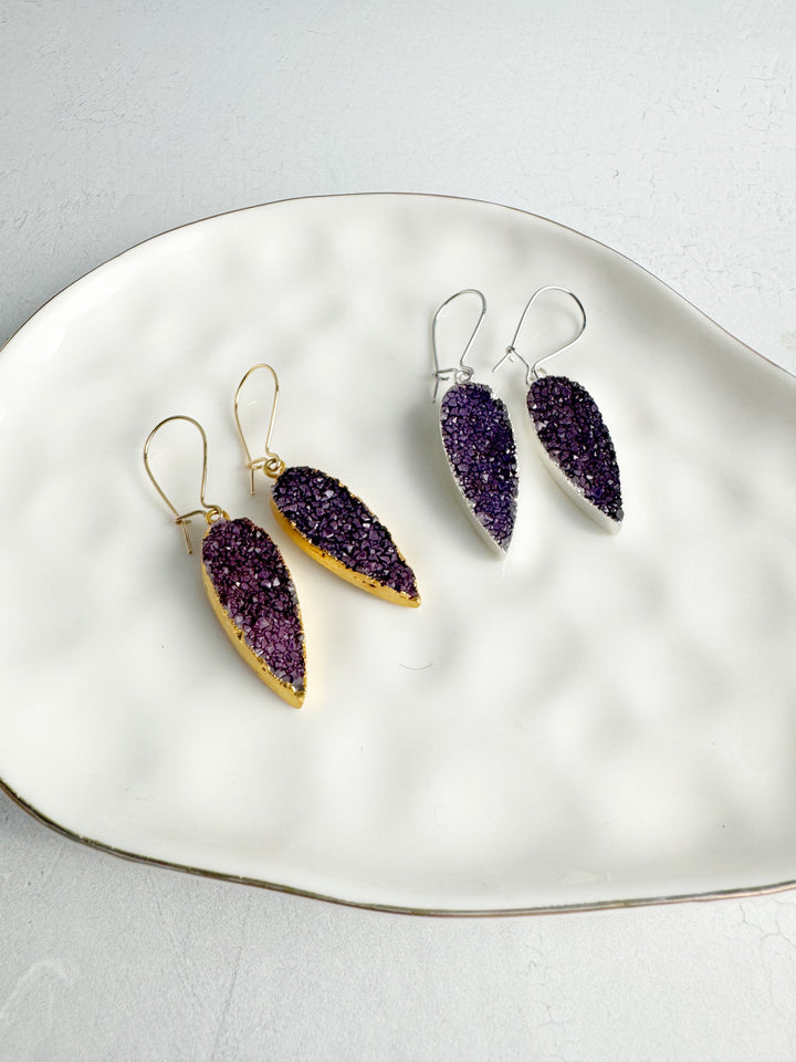 Purple Druzy Teardrop Earrings in Gold & Silver