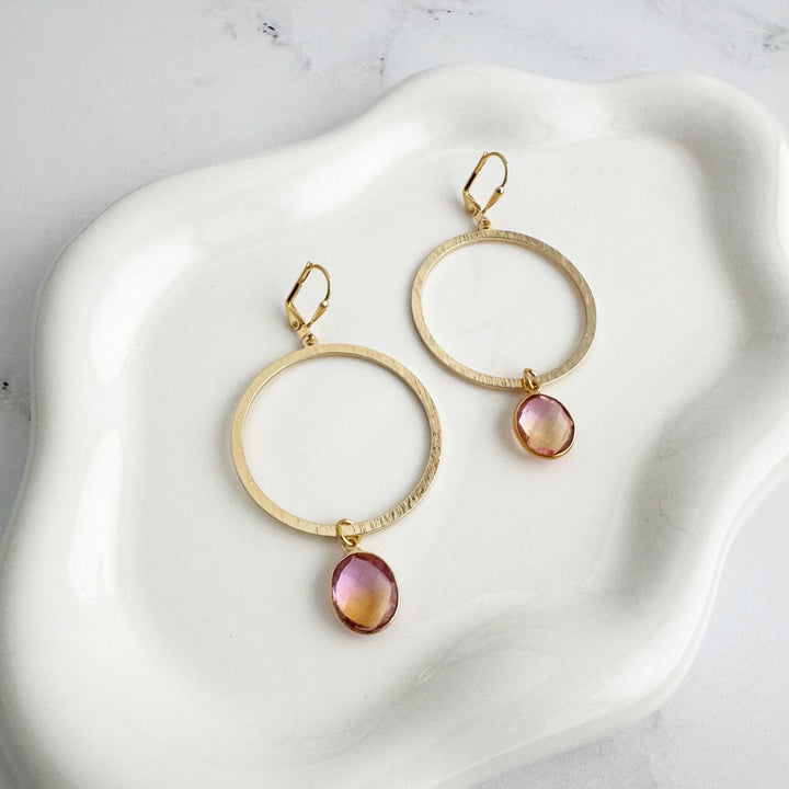 Pink Peach Aura Quartz Hoop Earrings in Brushed Gold