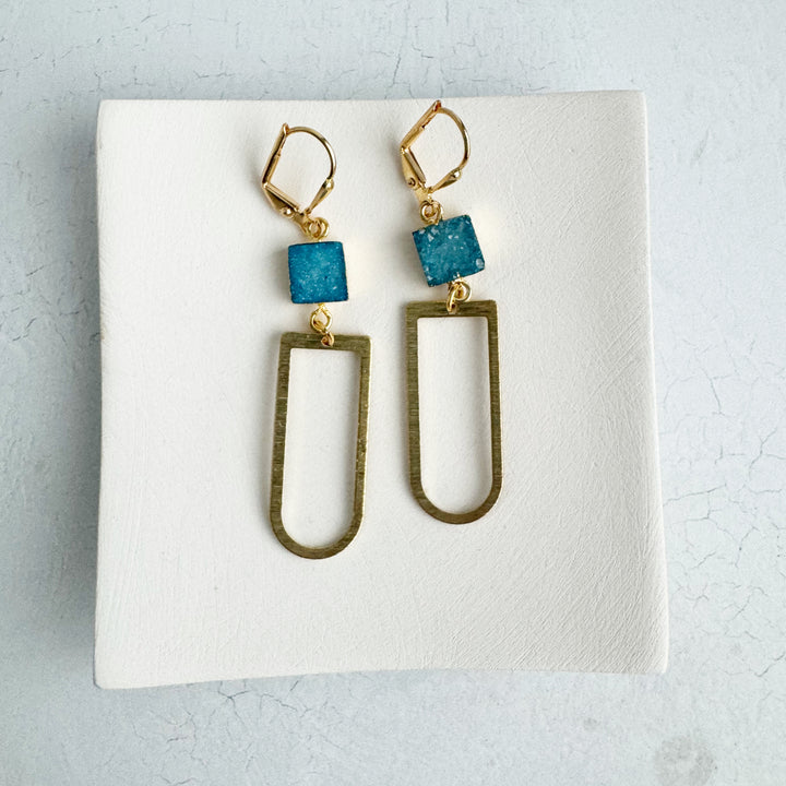 Blue Druzy and Brushed Brass Small Horseshoe Earrings