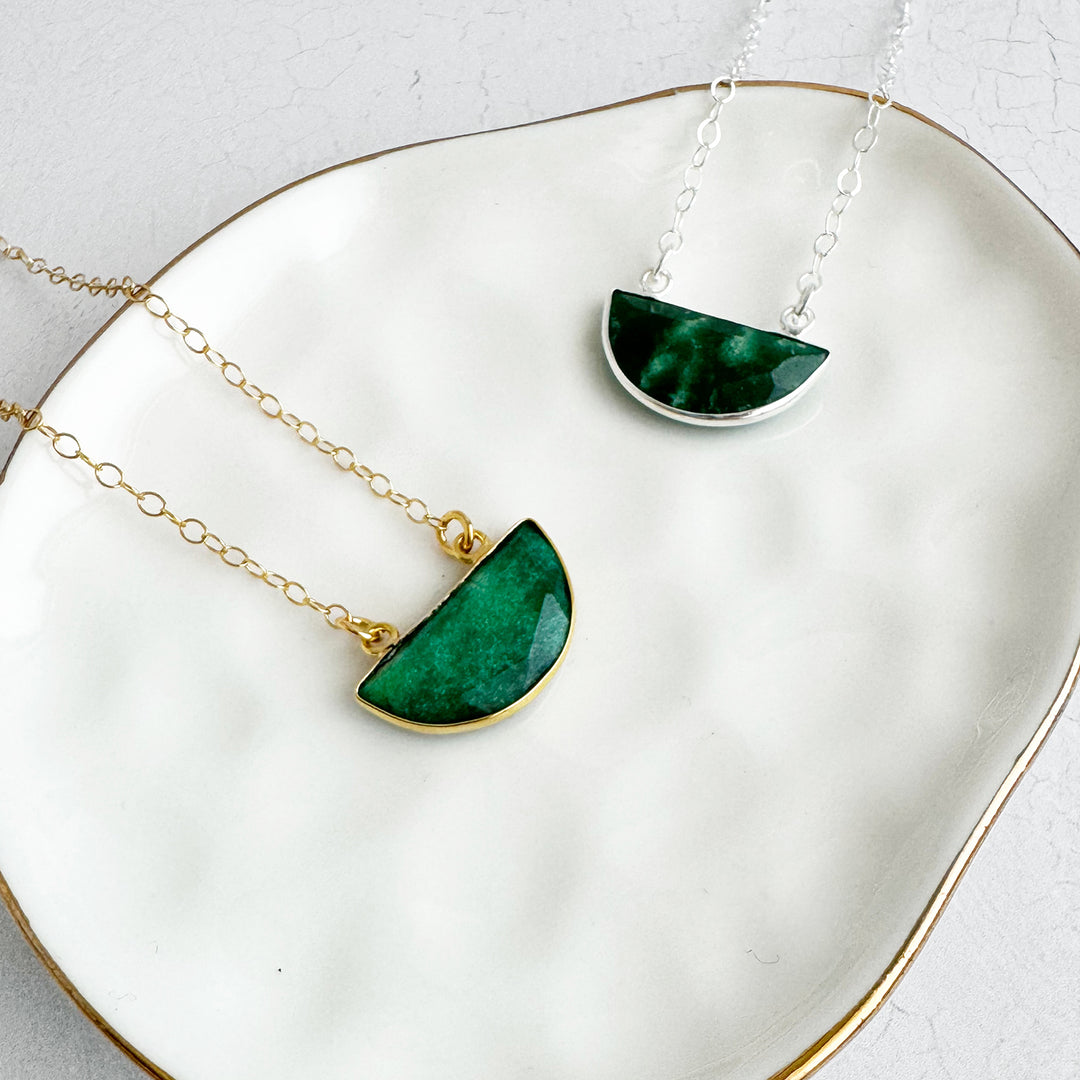 Small Raw Emerald Half Moon Crescent Necklace in Gold and Silver