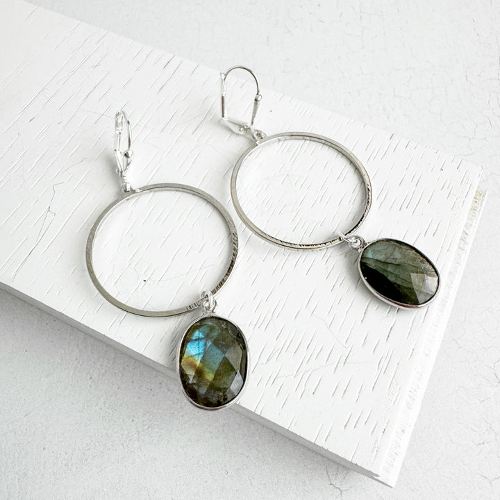 Labradorite Hoop Dangle Earrings in Brushed Silver