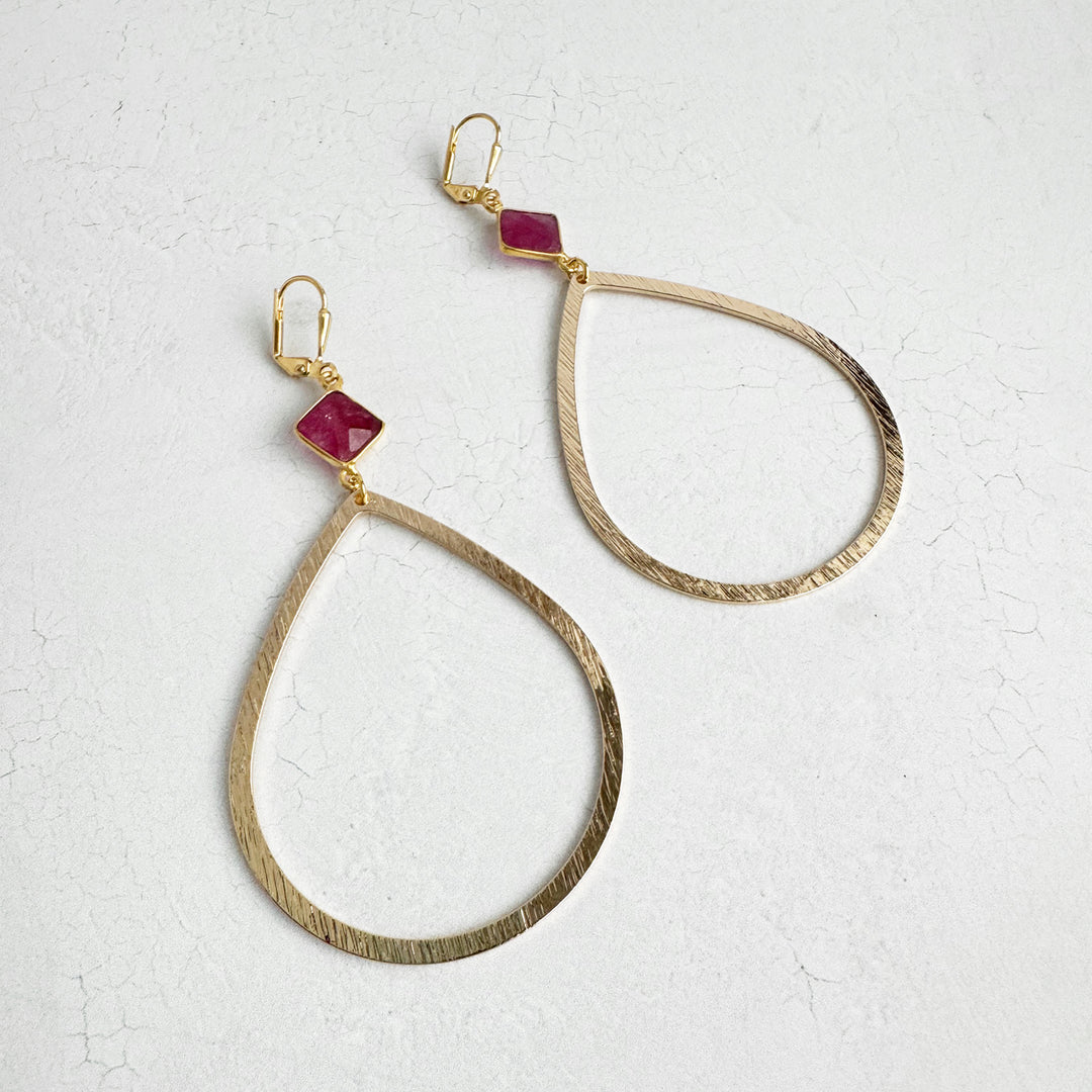 Large Ruby Teardrop Statement Earrings in Brushed Gold