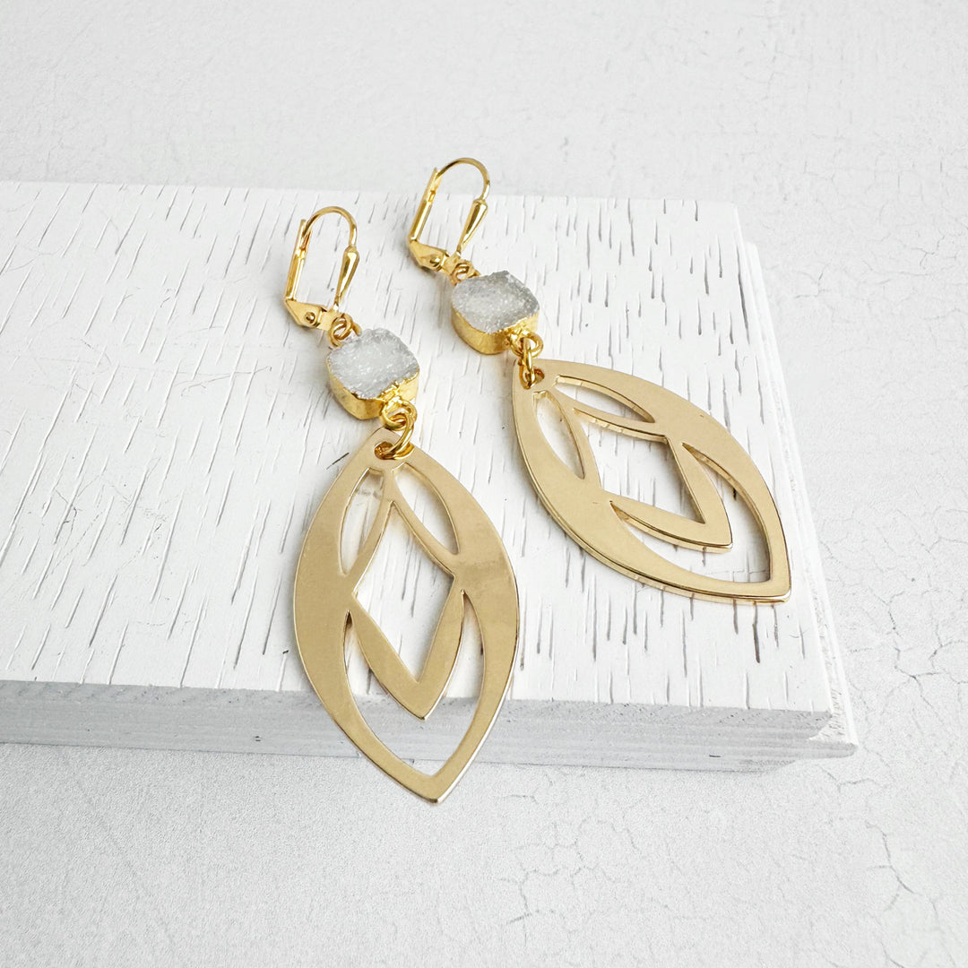 White Druzy Celtic Dangle Earrings in Gold