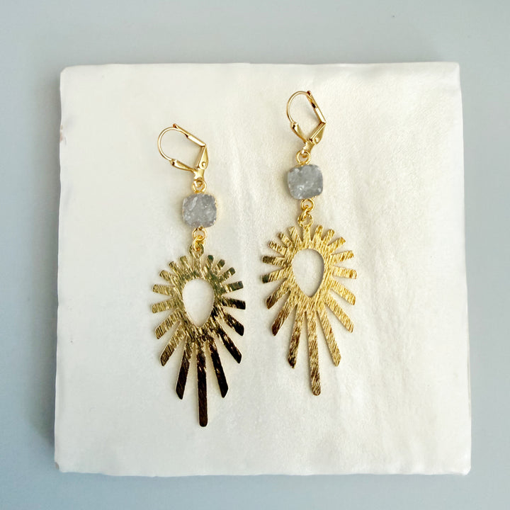Gray Druzy Sunburst Statement Earrings in Brushed Gold