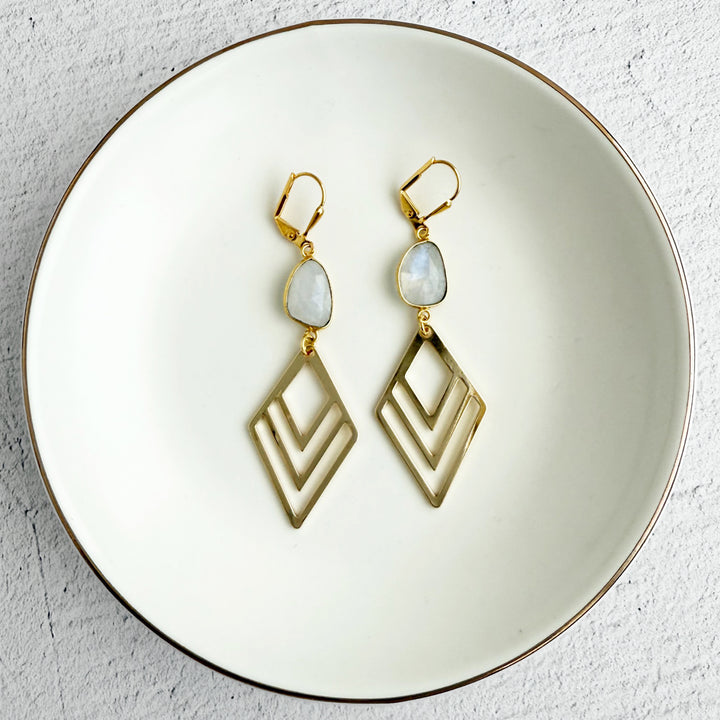 Moonstone and Layered Diamond Statement Earrings in Gold