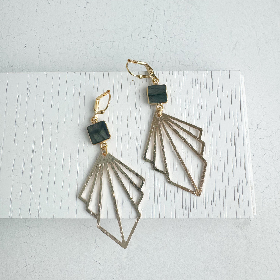 Brushed Fan and Labradorite Gemstone Statement Earrings in Silver and Gold