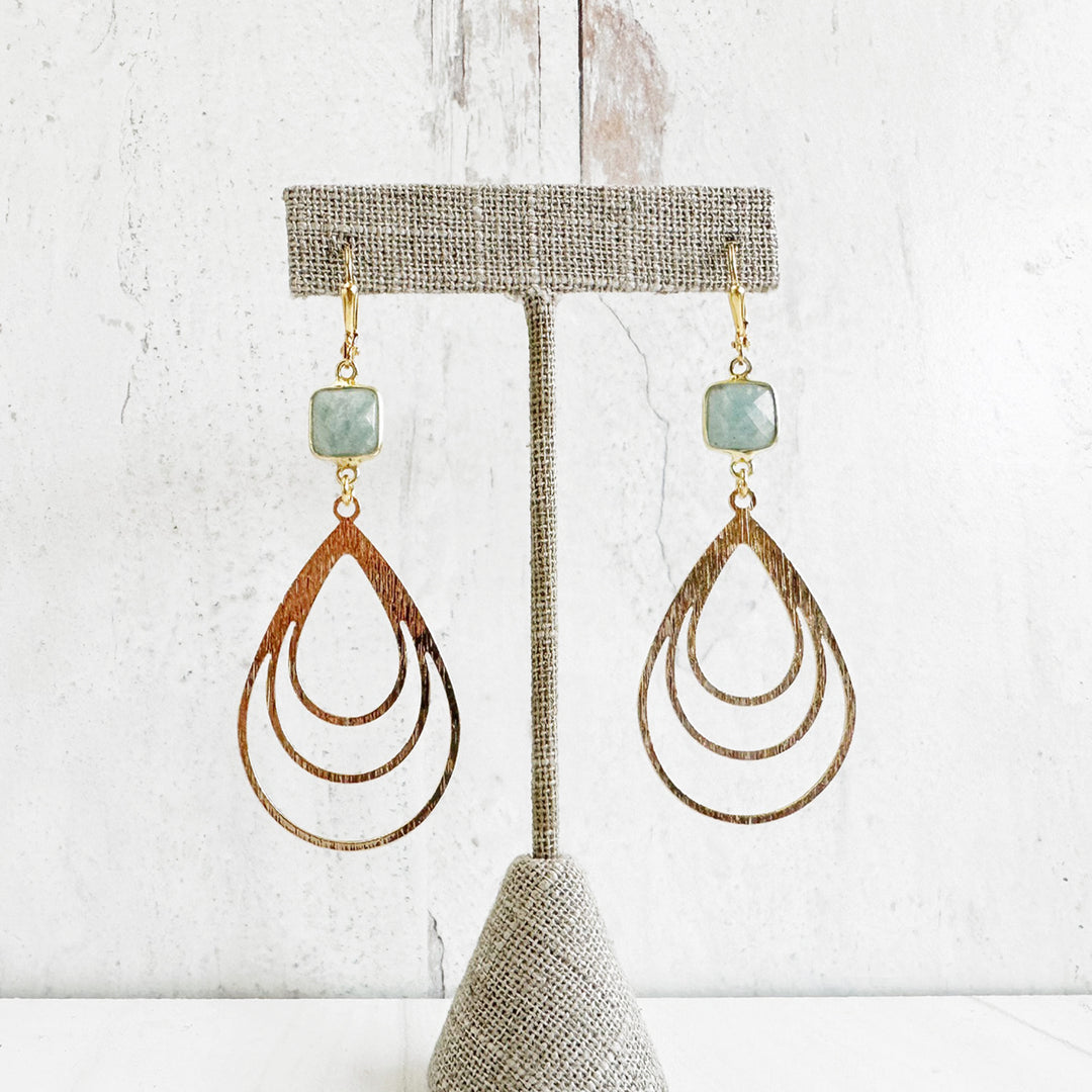 Teardrop Dangle Earrings with Aquamarine in Brushed Brass Gold