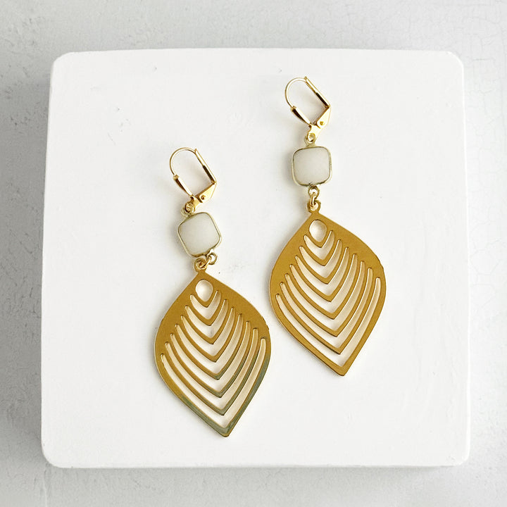White Agate Leaf Statement Earrings in Brushed Gold