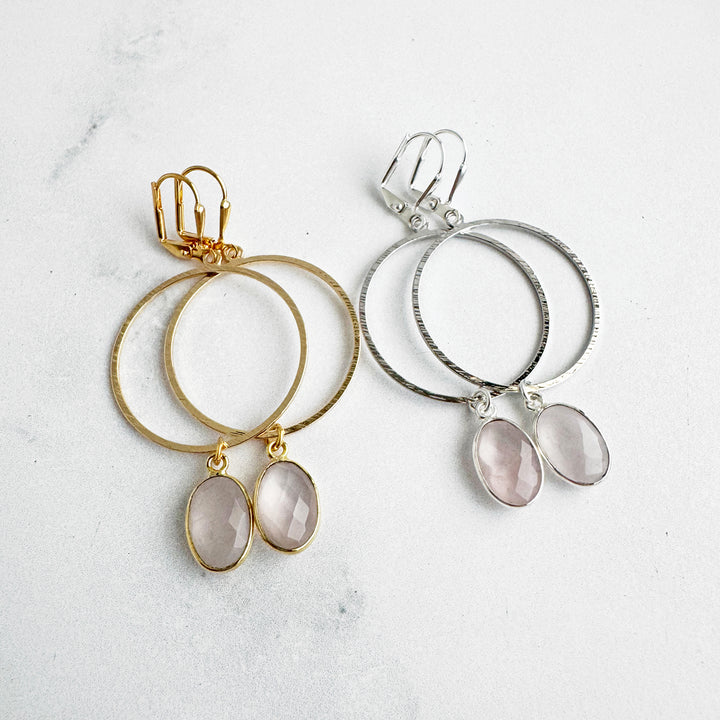 Rose Quartz Oval Hoop Dangle Earrings