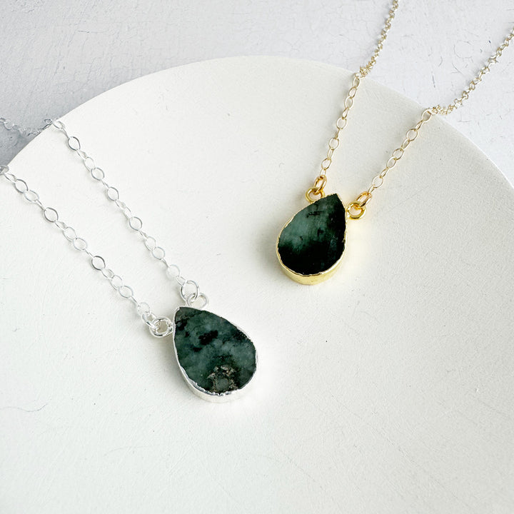 Raw Emerald Teardrop Necklace in 14k Gold Filled and Sterling Silver