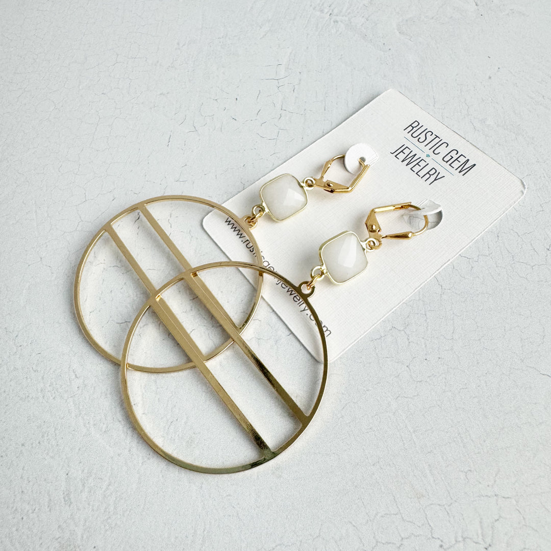 Geometric Hoop Earrings with White Quartz Stones