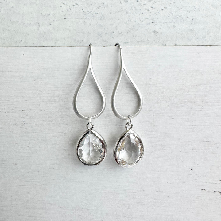 Clear Stone Drop Earrings on Teardrop Earwires in Silver