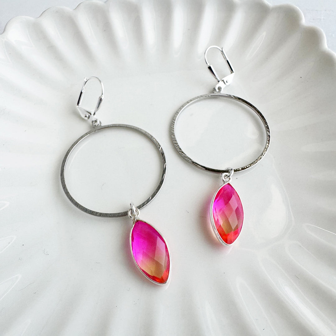 Pink Orange Aura Quartz Hoop Dangle Earrings in Silver