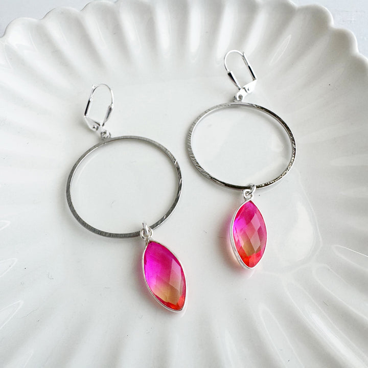 Pink Orange Aura Quartz Hoop Dangle Earrings in Silver
