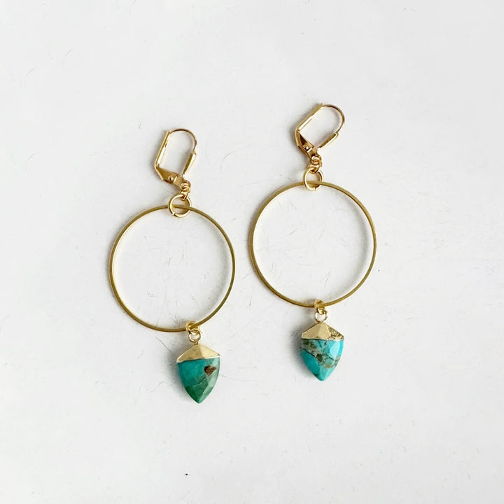 Turquoise Shield Hoop Earrings in Brushed Gold