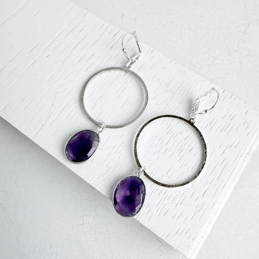 Amethyst Hoop Dangle Earrings in Brushed Silver