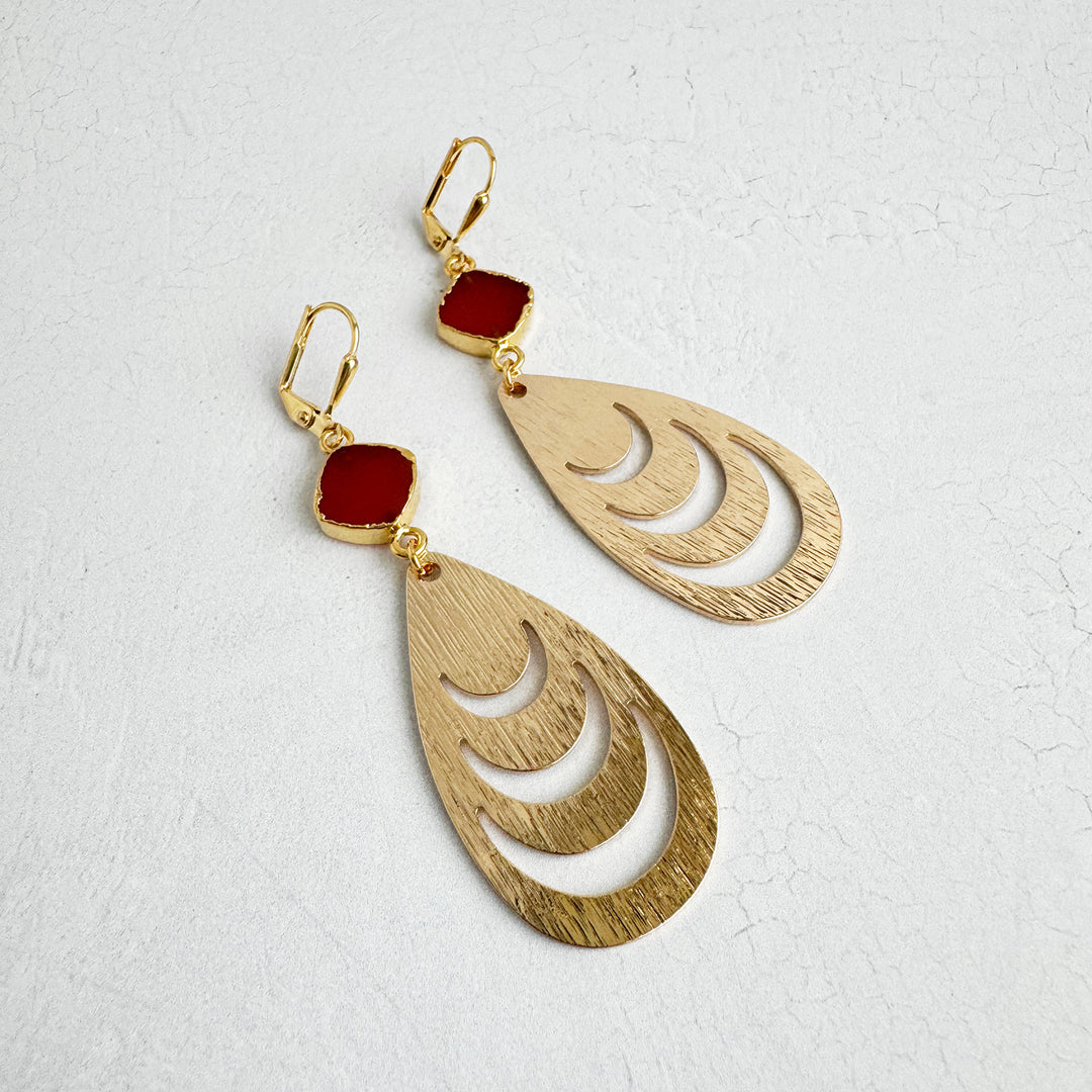 Carnelian Crescent Cutout Earrings in Brushed Gold